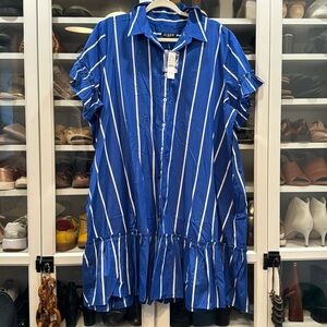 J Crew Blue and White Striped Shirt Dress w/ Ruffle Sleeves (3X new with tags)
